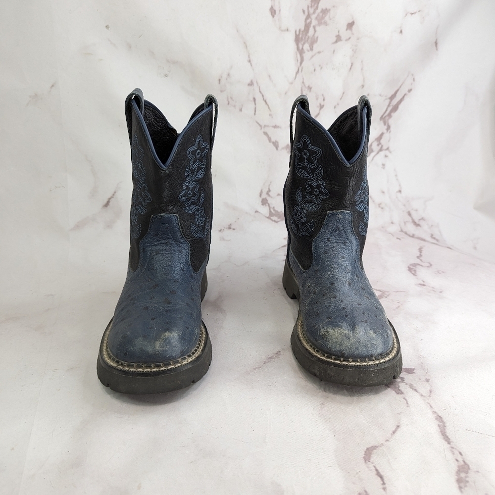 Roper Boots Womens 6 Blue Black Ostrich Leather Western Cowboy Floral - Picture 4 of 11
